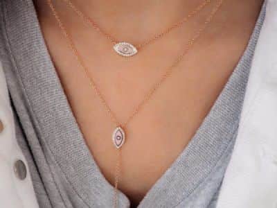 שרשרת עניבה עין אמייל ורוד משובץ ועין אמייל ורודה קטנה