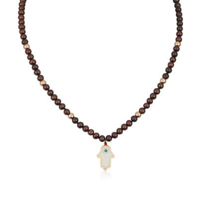 שרשרת פנינים חומות עם חמסה וחרוזים מזהב