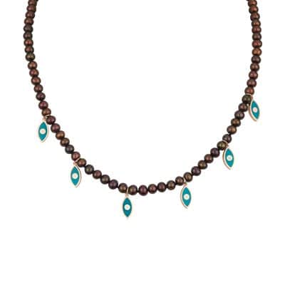 שרשרת פנינים חומות עם עיניים אמייל בצורת מרקיזות