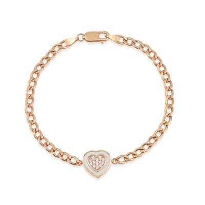 צמיד חוליות לב אמייל לבן ויהלומים או זרקונים לבחירה