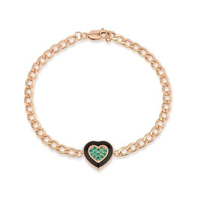 צמיד חוליות לב אמייל שחור ואמרלד מעבדה