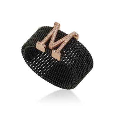 טבעת אות משובצת יהלומים רצועה מפלדת אל חלד