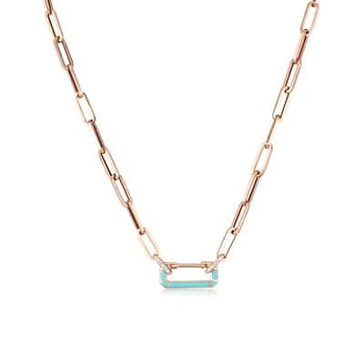 שרשרת חוליות עם אטב משובץ יהלומים ואמייל טורקיז