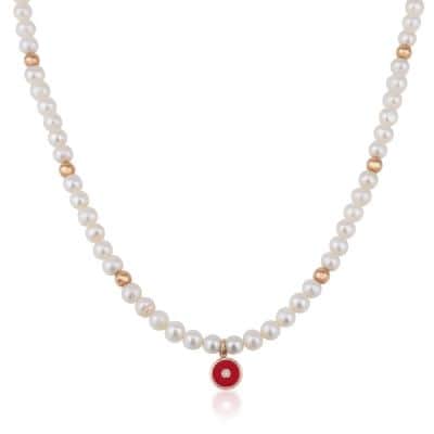 שרשרת פנינים עם זהב ועין אמייל