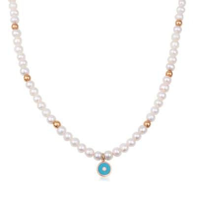 שרשרת פנינים עם זהב ועין אמייל