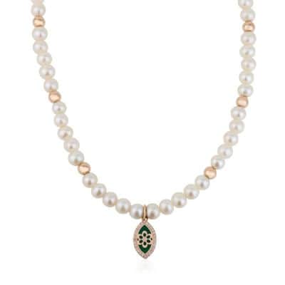 שרשרת פנינים עם זהב ועין אמייל משובצת